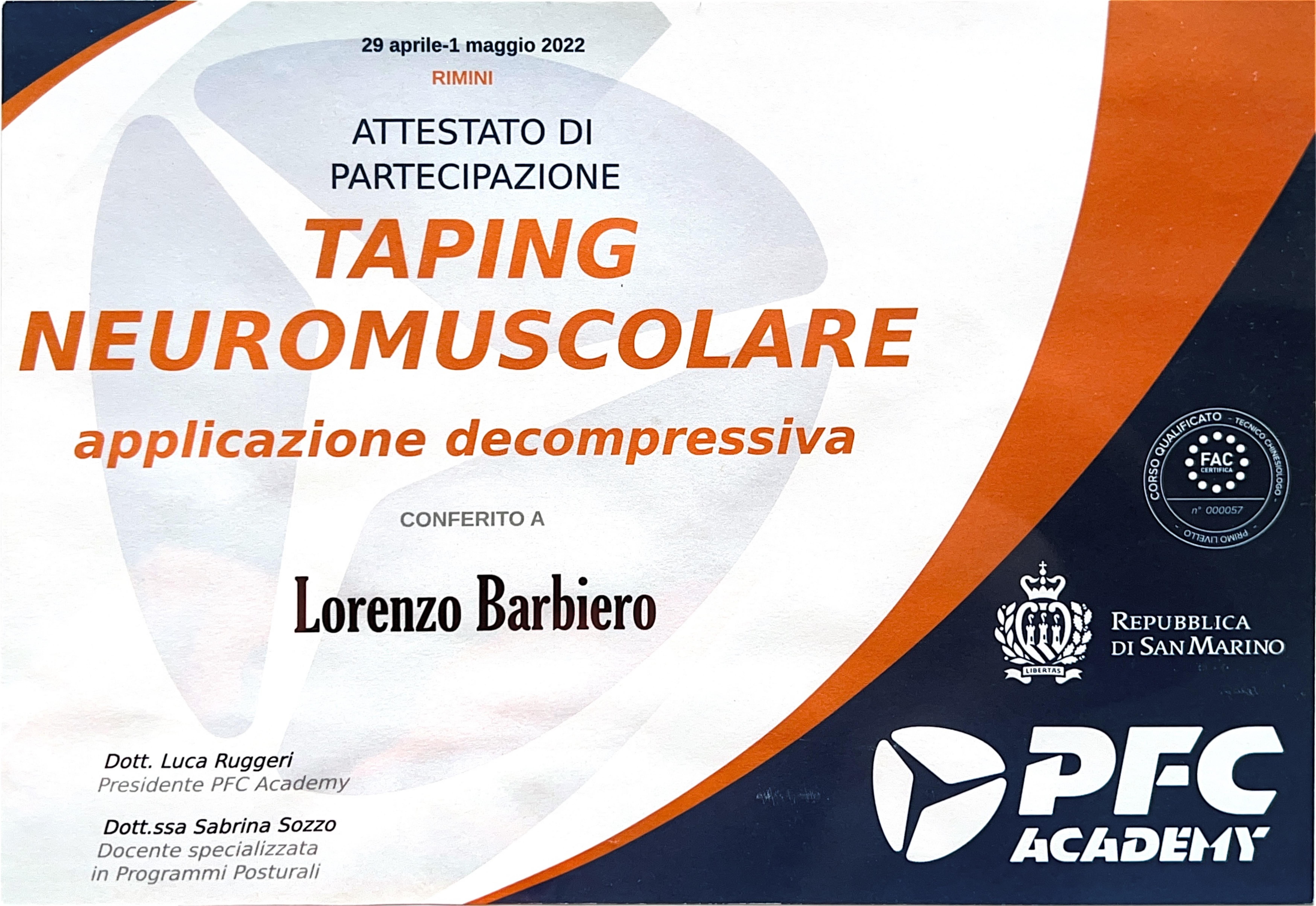 Attestato Taping Neuromuscolare — applicazione decompressiva