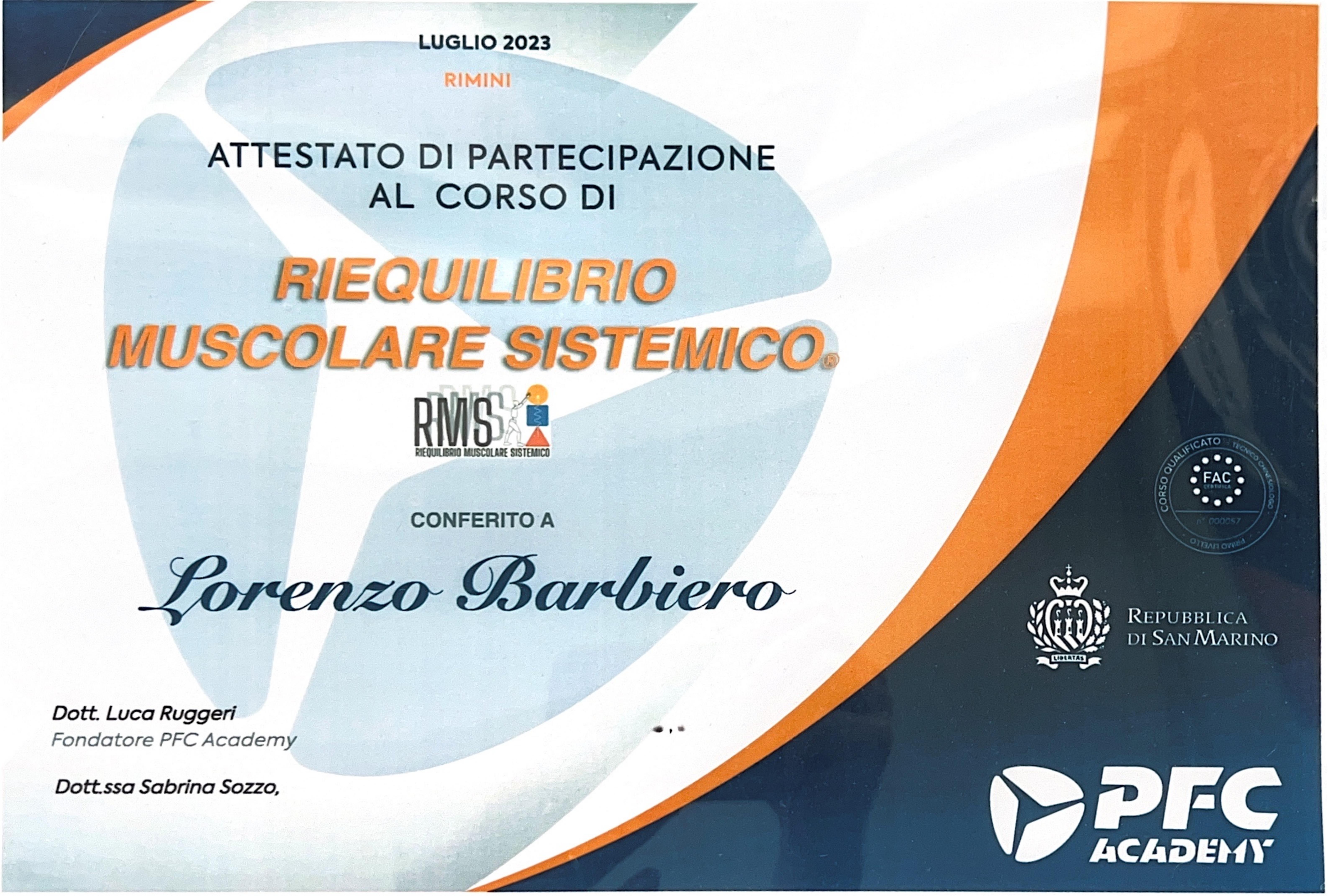 Attestato Riequilibrio Muscolare Sistemico (RMS)