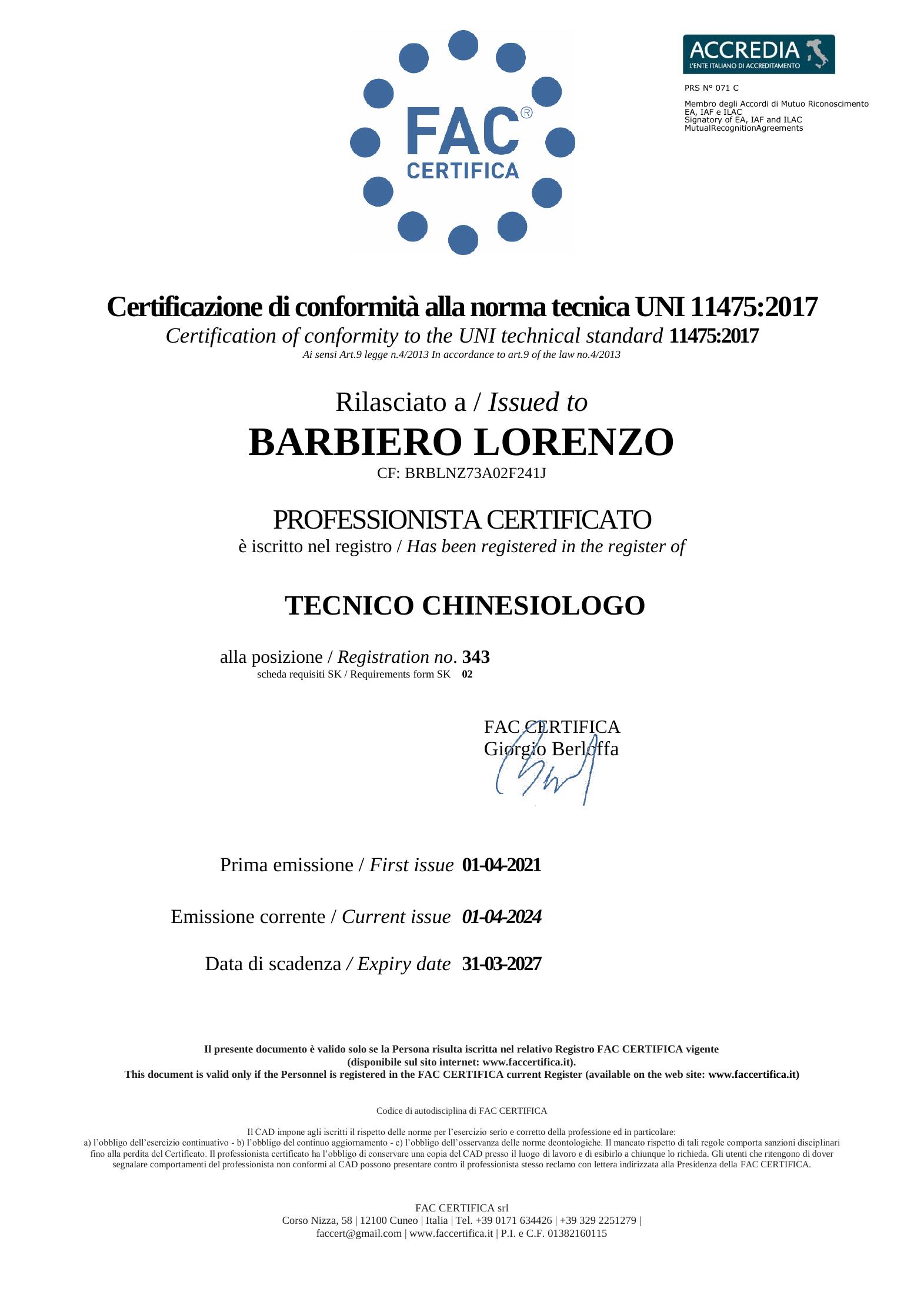 Attestato Tecnico Chinesiologo — UNI 11475:2017